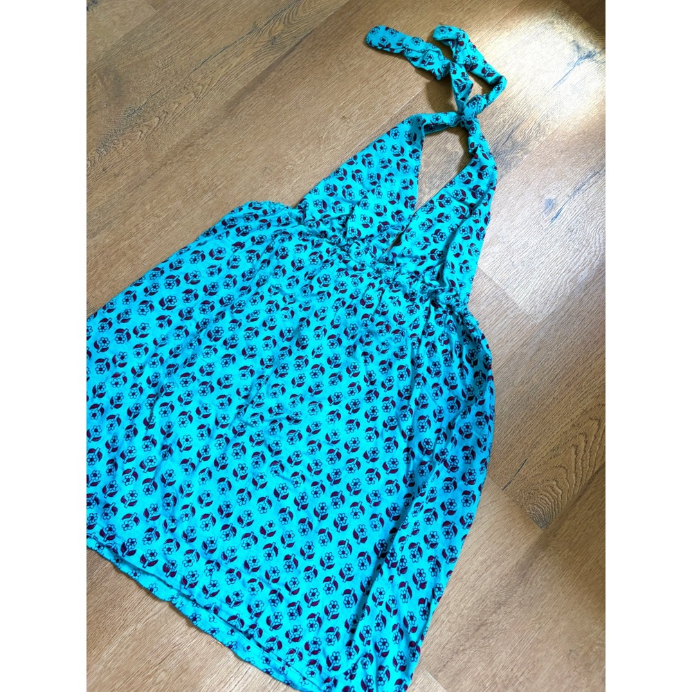 Vintage 70s Indian Boho Halter Mini Dress Tunic Turquoise Deadstock O/S